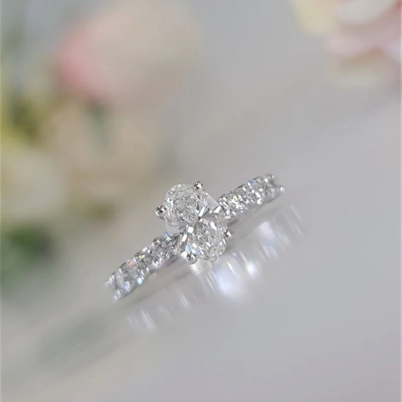 14K Gold Lab Grown Diamond CVD 2CT Oval-Cut Half Eternity Engagement Ring