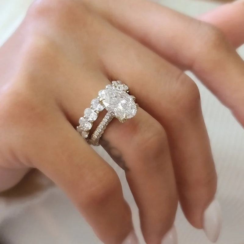 14K Gold Lab Grown Diamond CVD 2CT Oval-Cut Bridal Ring Set With Oval Half Eternity Wedding Set