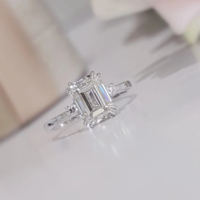 14K Gold Lab Grown Diamond CVD 2CT Emerald-Cut Couple Promise Ring Set