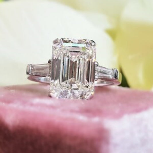 14K Gold Lab Grown Diamond CVD 3CT Emerald-Cut Three Stone Wedding Ring Anniversary Gift For Her