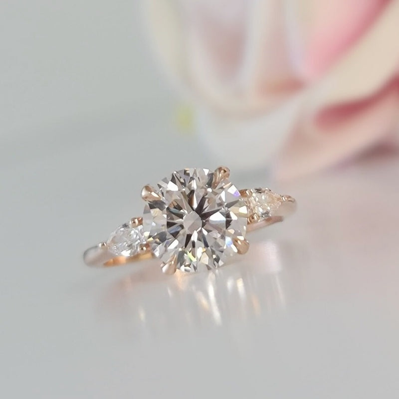 14K Gold Lab Grown Diamond CVD 3CT Round-Cut Pear Side Stones Engagement Ring