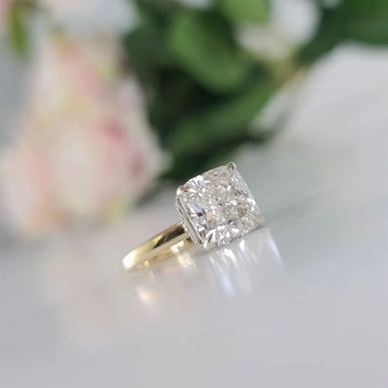 14K Gold Lab Grown Diamond CVD 3CT Cushion-Cut Hidden Halo Two Tone Promise Ring