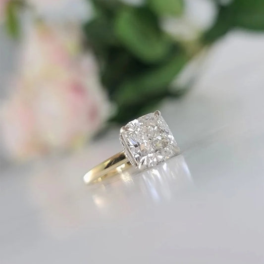14K Gold Lab Grown Diamond CVD 3CT Cushion-Cut Hidden Halo Two Tone Promise Ring