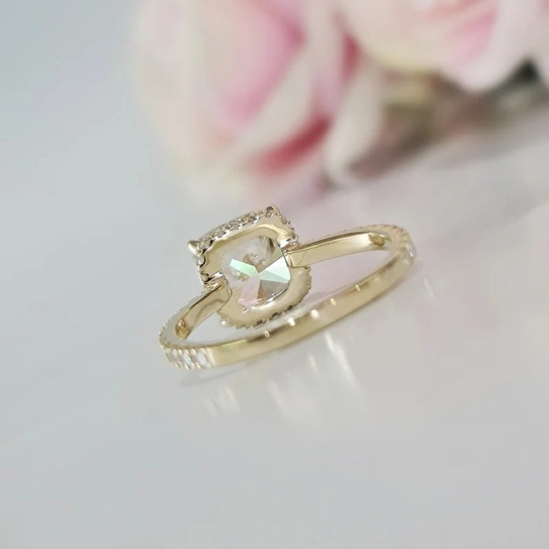 14K Gold Lab Grown Diamond CVD 2CT Cushion-Cut Halo Half Etrenity Engagement Ring