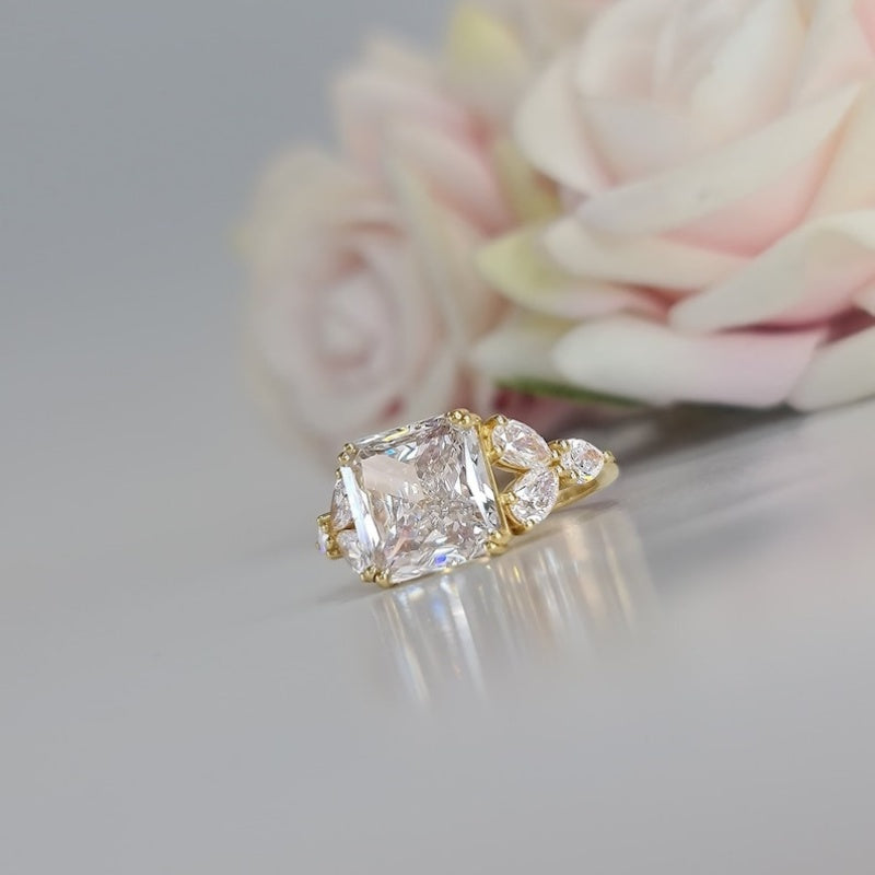 10K Gold Lab Grown Diamond CVD 5CT Princess-Cut with Pear Side Stones Anniversary Ring