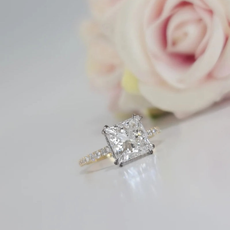 14K Gold Lab Grown Diamond CVD 2CT Princess-Cut Hidden Halo Engagement Ring