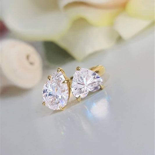 10K Gold Lab Grown Diamond CVD 4CT Pear & Heart-Cut Toi et Moi Engagement Ring