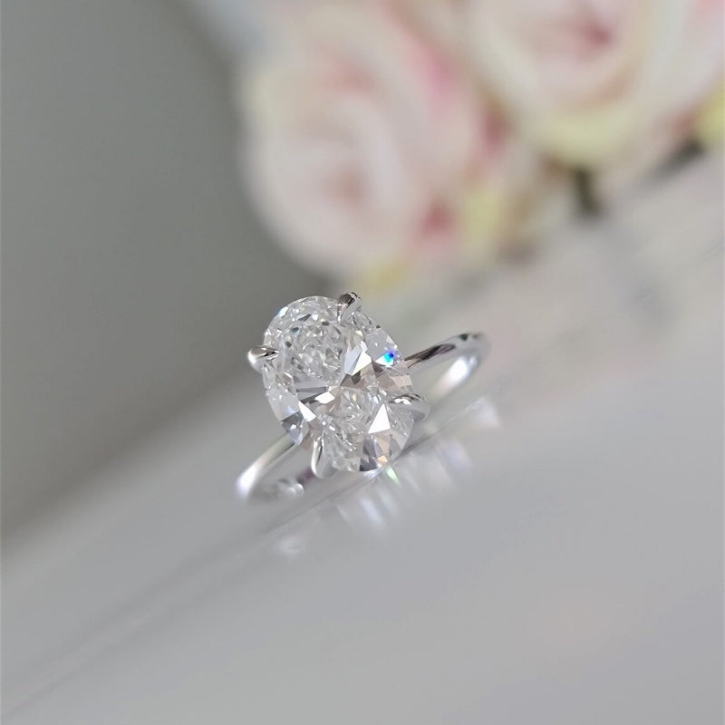 14K Gold Lab Grown Diamond CVD 3CT Oval-Cut Four Prong Solitaire Engagement Ring