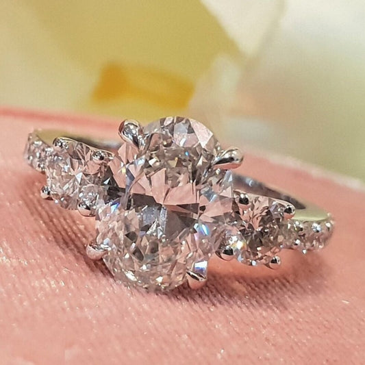 14K Gold Lab Grown Diamond CVD 4CT Oval-Cut Luxury Three Stone Anniversary Ring