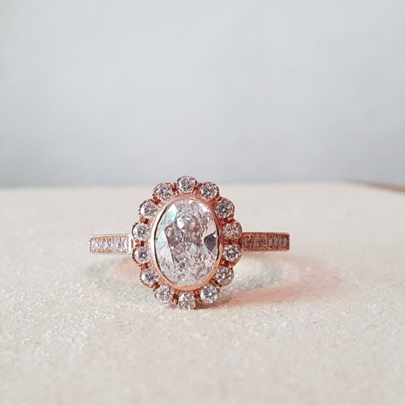 14K Gold Lab Grown Diamond CVD 3CT Oval-Cut Vintage Sunburst Halo Wedding Ring