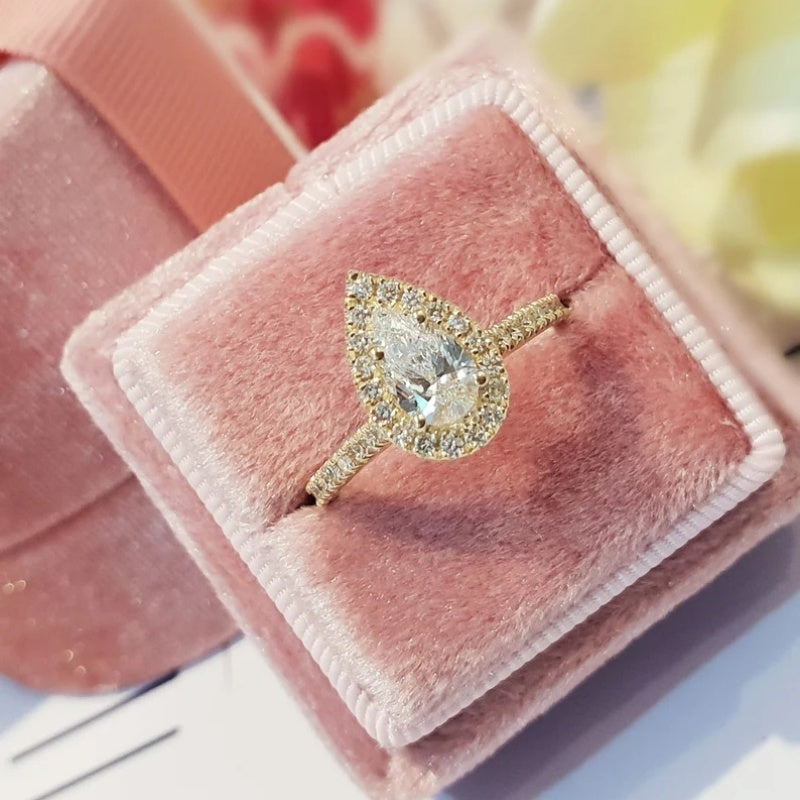 14K Gold Lab Grown Diamond CVD 1CT Pear-Cut Halo Engagement Ring