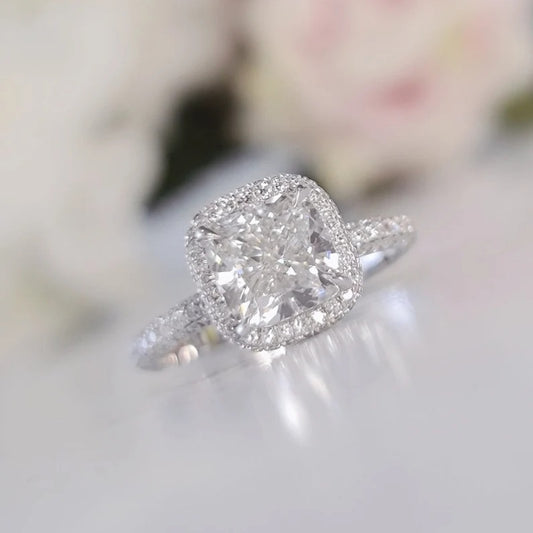 14K Gold Lab Grown Diamond CVD 2CT Cushion-Cut Halo & Pave Anniversary Ring