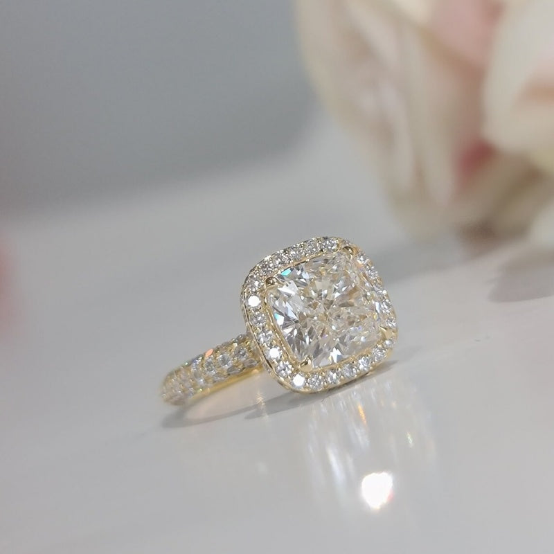 10K Gold Lab Grown Diamond CVD 3CT Cushion-Cut Halo Niche Luxury Style Promise Ring