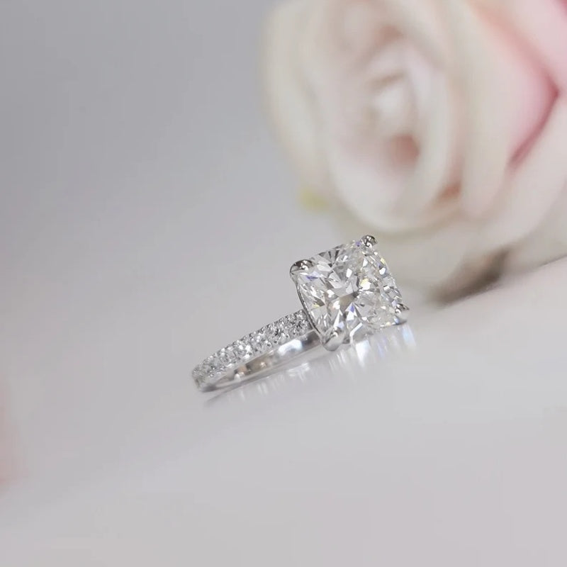 10K Gold Lab Grown Diamond CVD 2CT Cushion-Cut Classic Four Prong Engagement Ring