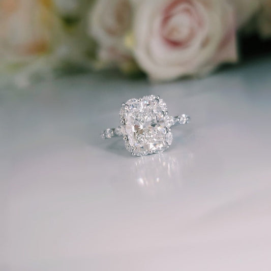 10K Gold Lab Grown Diamond CVD 3CT Cushion-Cut Side Stone Marquise Halo Engagement Ring