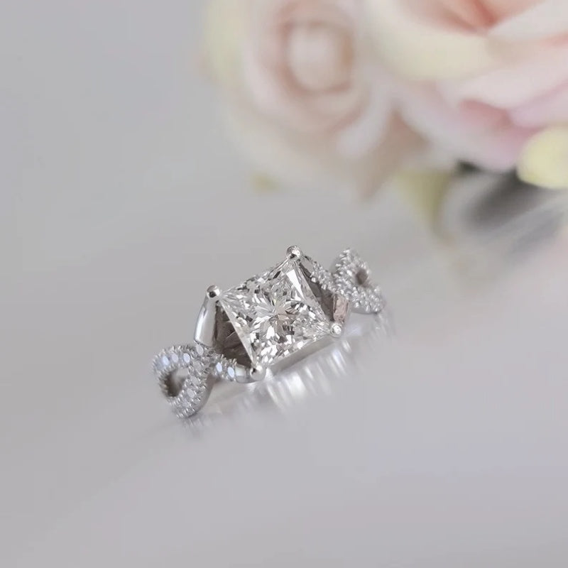 14K Gold Lab Grown Diamond CVD 2CT Princess-Cut Swirl Promise Ring For Anniversary Gift