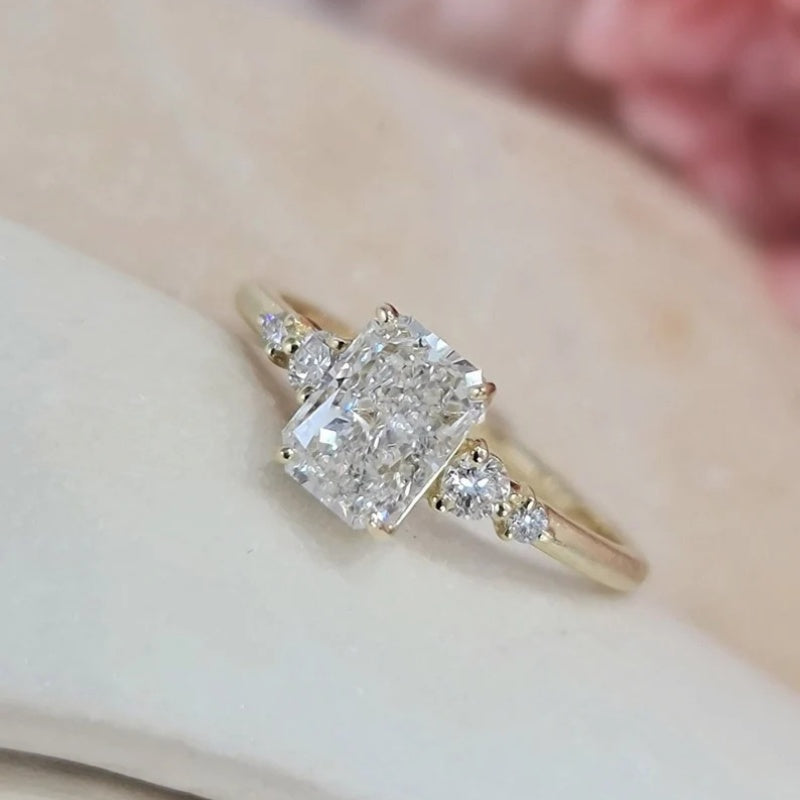 14K Gold Lab Grown Diamond CVD 2CT Radiant-Cut with Side Stones Engagement Ring