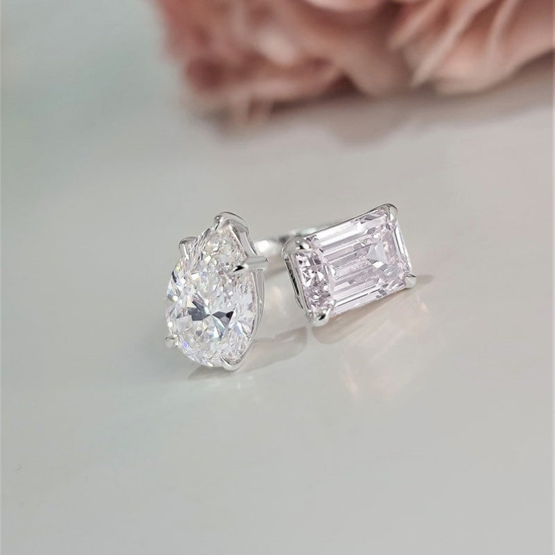 14K Gold Lab Grown Diamond CVD 6CT Emerald & Pear-Cut Toi et Moi Wedding Ring