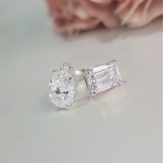 14K Gold Lab Grown Diamond CVD 6CT Emerald & Pear-Cut Toi et Moi Wedding Ring