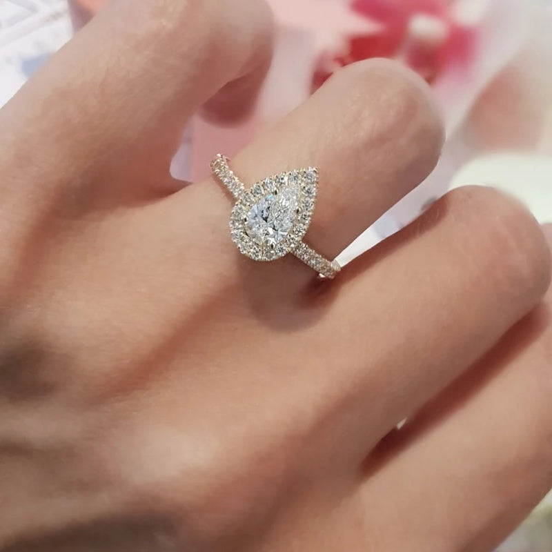14K Gold Lab Grown Diamond CVD 1CT Pear-Cut Halo Engagement Ring
