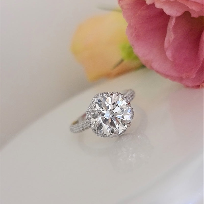 10K Gold Lab Grown Diamond CVD 3CT Round-Cut Flower Halo Engagement Ring
