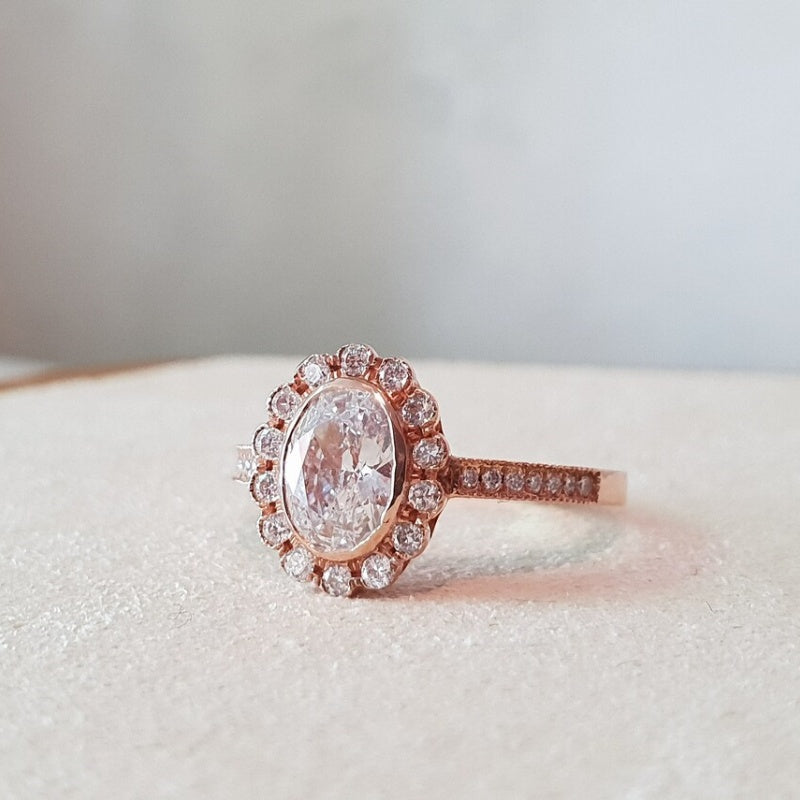 14K Gold Lab Grown Diamond CVD 3CT Oval-Cut Vintage Sunburst Halo Wedding Ring