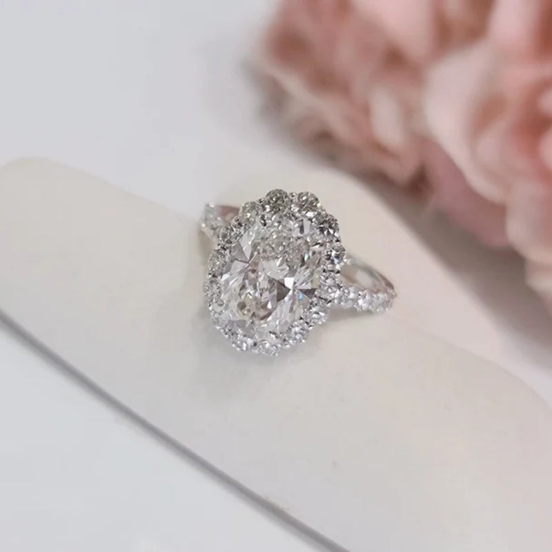 14K Gold Lab Grown Diamond CVD 2CT Oval-Cut Sunflower Unique Design Promise Ring