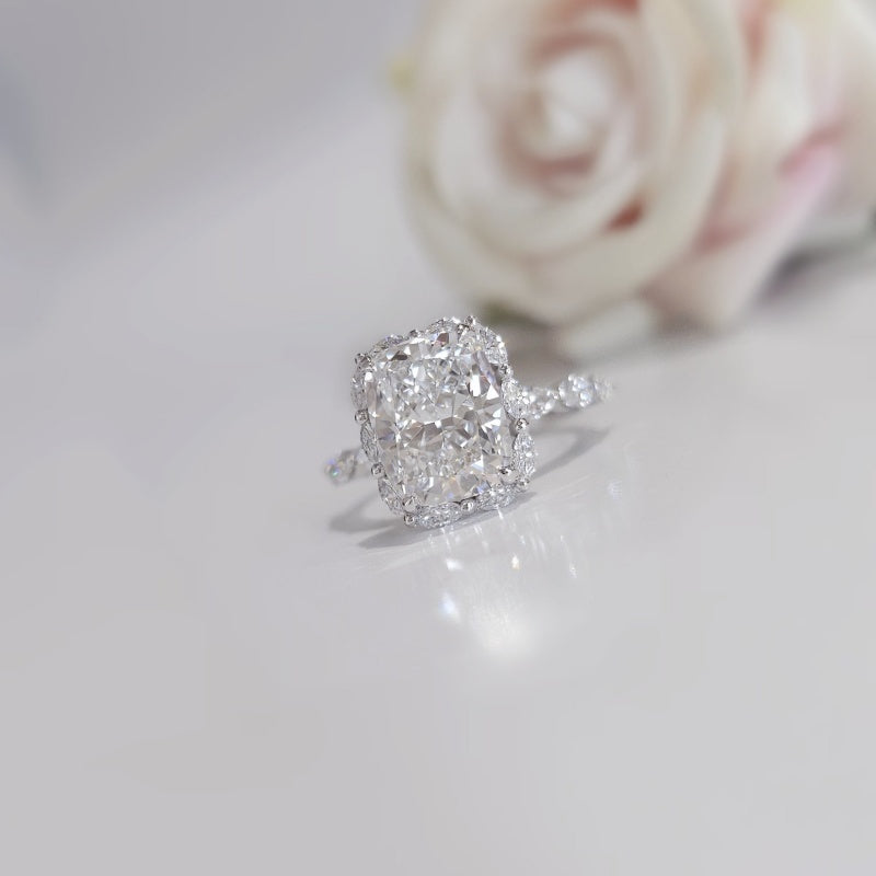 10K Gold Lab Grown Diamond CVD 3CT Cushion-Cut Side Stone Marquise Halo Engagement Ring