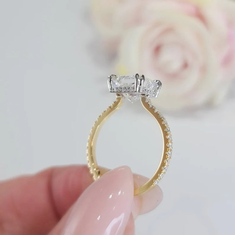14K Gold Lab Grown Diamond CVD 2CT Princess-Cut Hidden Halo Engagement Ring