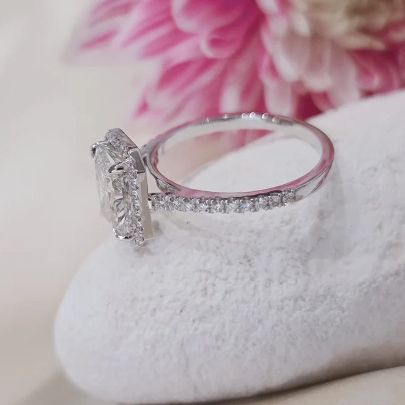 10K Gold Lab Grown Diamond CVD 2.5CT Radiant-Cut Halo and Pave Engagement Ring