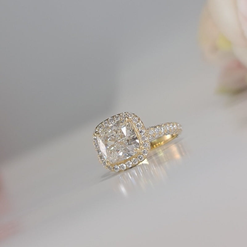 10K Gold Lab Grown Diamond CVD 3CT Cushion-Cut Halo Niche Luxury Style Promise Ring