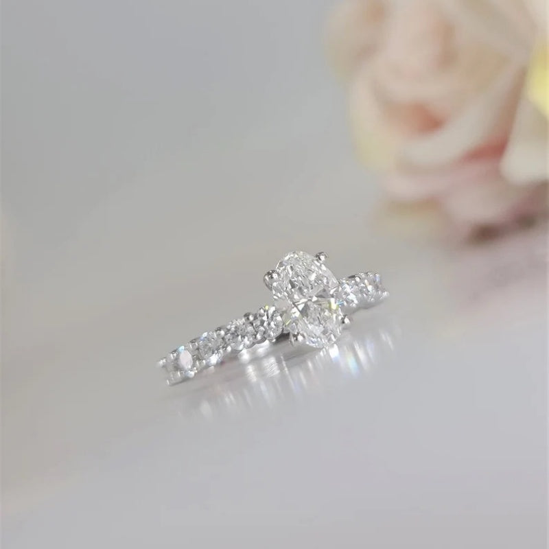 14K Gold Lab Grown Diamond CVD 2CT Oval-Cut Half Eternity Engagement Ring
