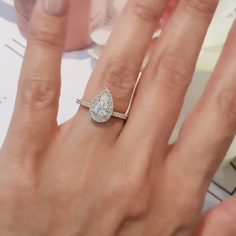 14K Gold Lab Grown Diamond CVD 1CT Pear-Cut Halo Engagement Ring
