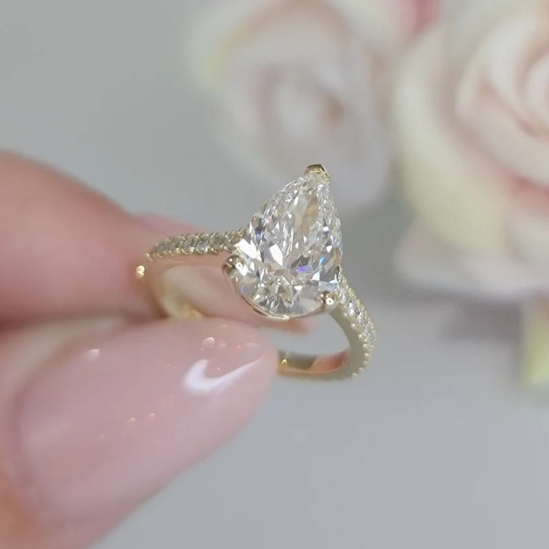 14K Gold Lab Grown Diamond CVD 3CT Pear-Cut Luxury Teardrop Engagement Ring