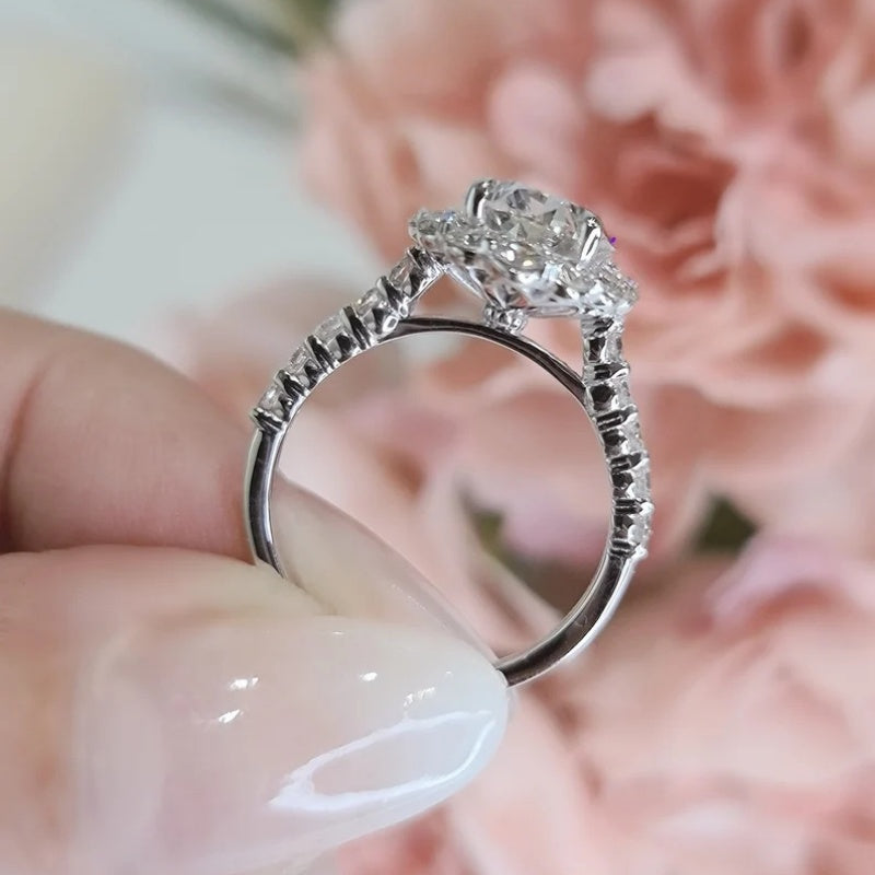 14K Gold Lab Grown Diamond CVD 2CT Oval-Cut Sunflower Unique Design Promise Ring