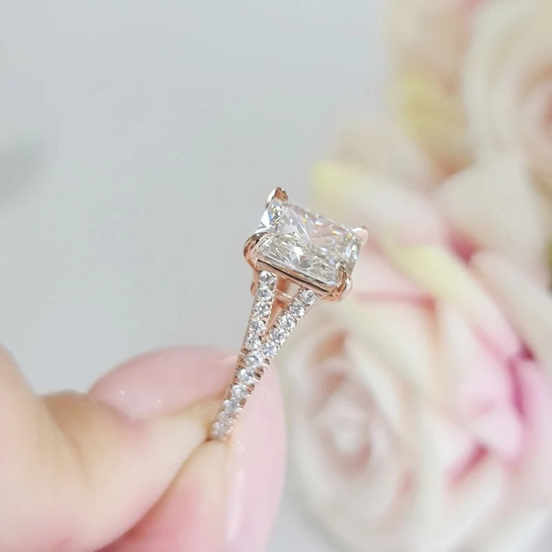 14K Gold Lab Grown Diamond CVD 2CT Radiant-Cut V-Shaped Engagement Ring