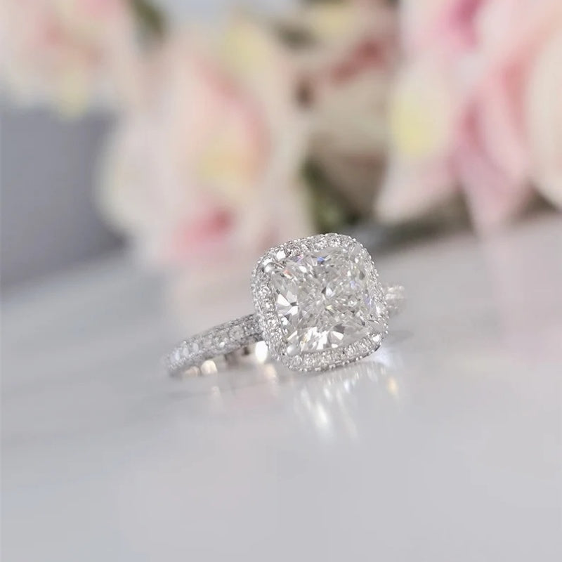 14K Gold Lab Grown Diamond CVD 2CT Cushion-Cut Halo & Pave Anniversary Ring