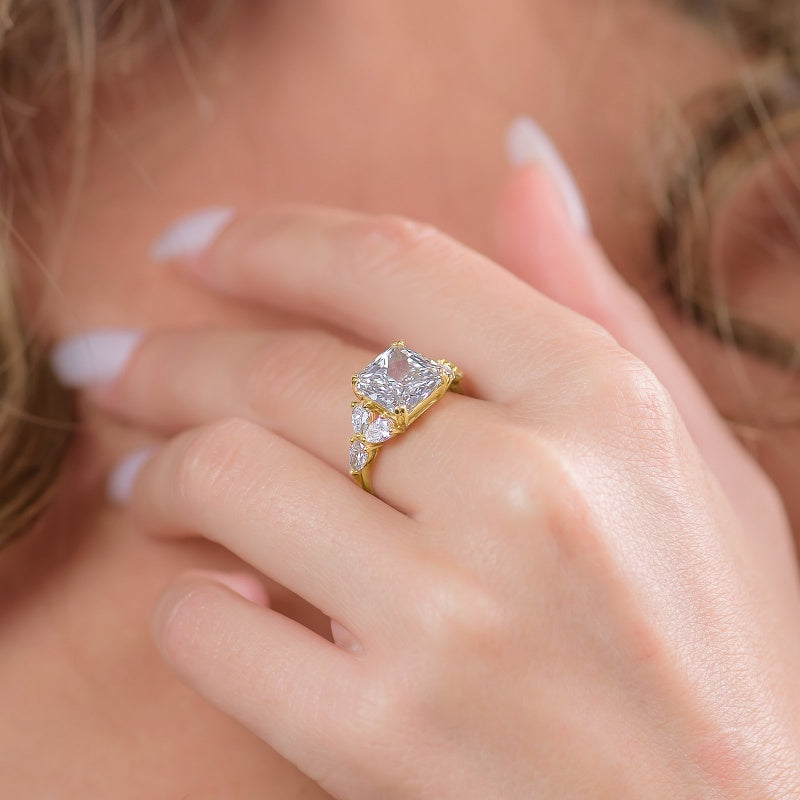 10K Gold Lab Grown Diamond CVD 5CT Princess-Cut with Pear Side Stones Anniversary Ring