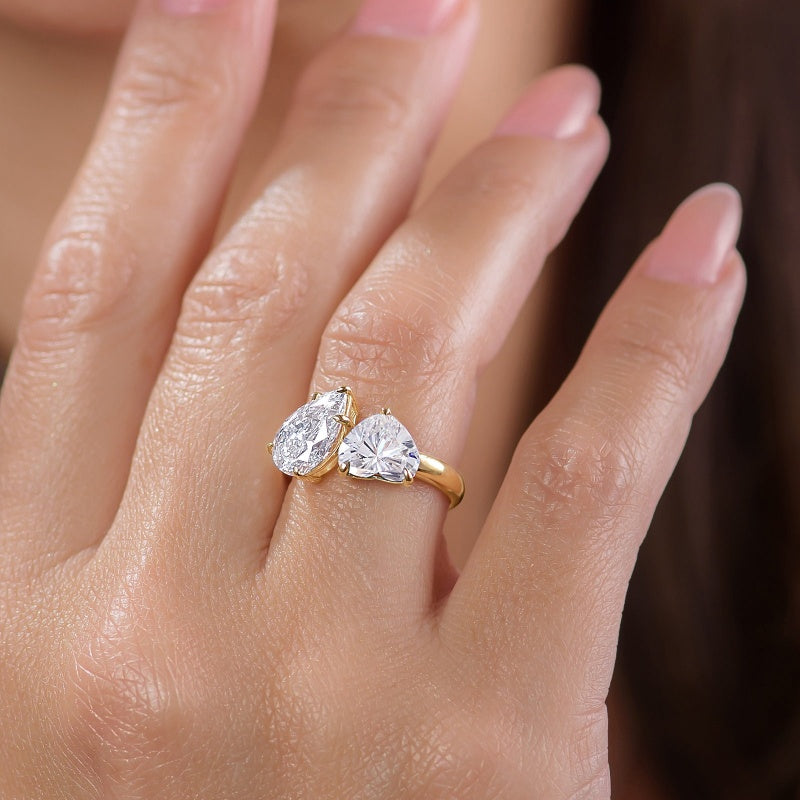 10K Gold Lab Grown Diamond CVD 4CT Pear & Heart-Cut Toi et Moi Engagement Ring