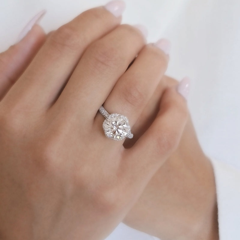 10K Gold Lab Grown Diamond CVD 3CT Round-Cut Flower Halo Engagement Ring
