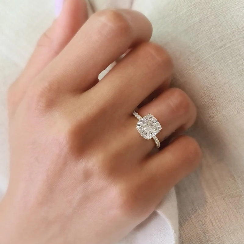 14K Gold Lab Grown Diamond CVD 2CT Cushion-Cut Halo Half Etrenity Engagement Ring