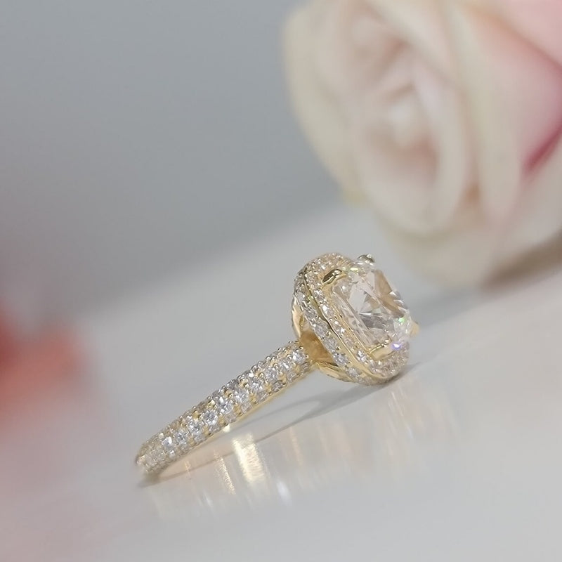10K Gold Lab Grown Diamond CVD 3CT Cushion-Cut Halo Niche Luxury Style Promise Ring