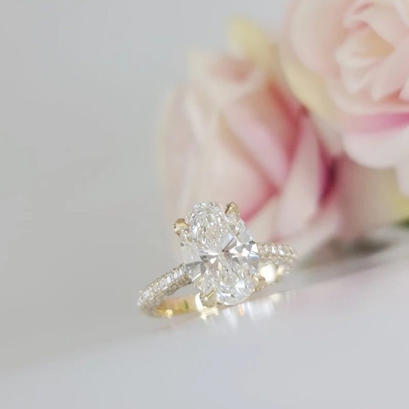 14K Gold Lab Grown Diamond CVD 2CT Oval-Cut Bridal Ring Set With Oval Half Eternity Wedding Set