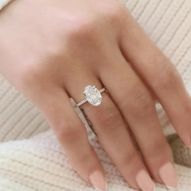 10K Gold Lab Grown Diamond CVD 3CT Oval-Cut Hidden Halo Luxury Proposal Ring Anniversary Gift For Her