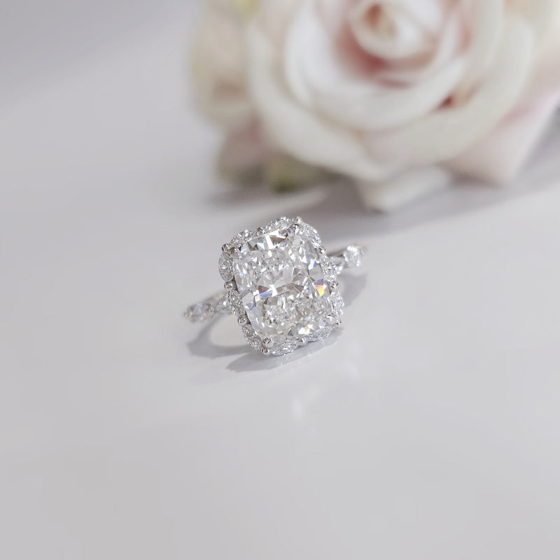 10K Gold Lab Grown Diamond CVD 3CT Cushion-Cut Side Stone Marquise Halo Engagement Ring