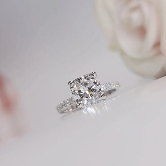 10K Gold Lab Grown Diamond CVD 2CT Cushion-Cut Classic Four Prong Engagement Ring