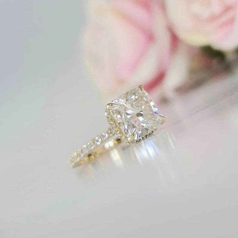 14K Gold Lab Grown Diamond CVD 2CT Cushion-Cut Halo Half Etrenity Engagement Ring