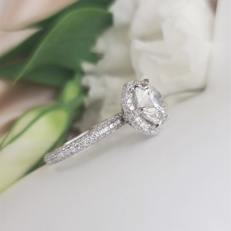 10K Gold Lab Grown Diamond CVD 3CT Round-Cut Flower Halo Engagement Ring