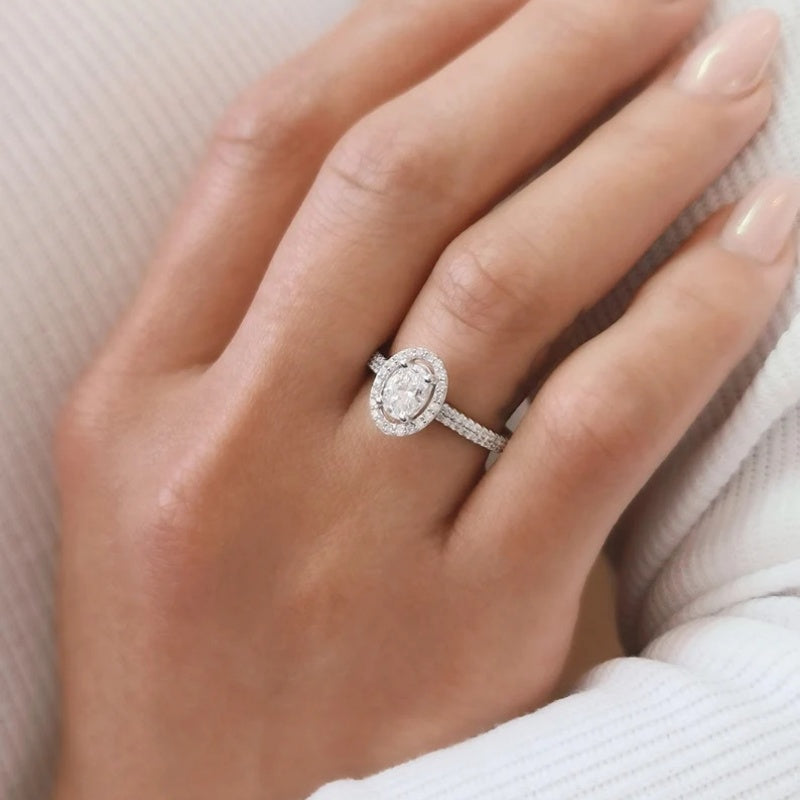 10K Gold Lab Grown Diamond CVD 2CT Oval-Cut Halo Engagement Ring Set