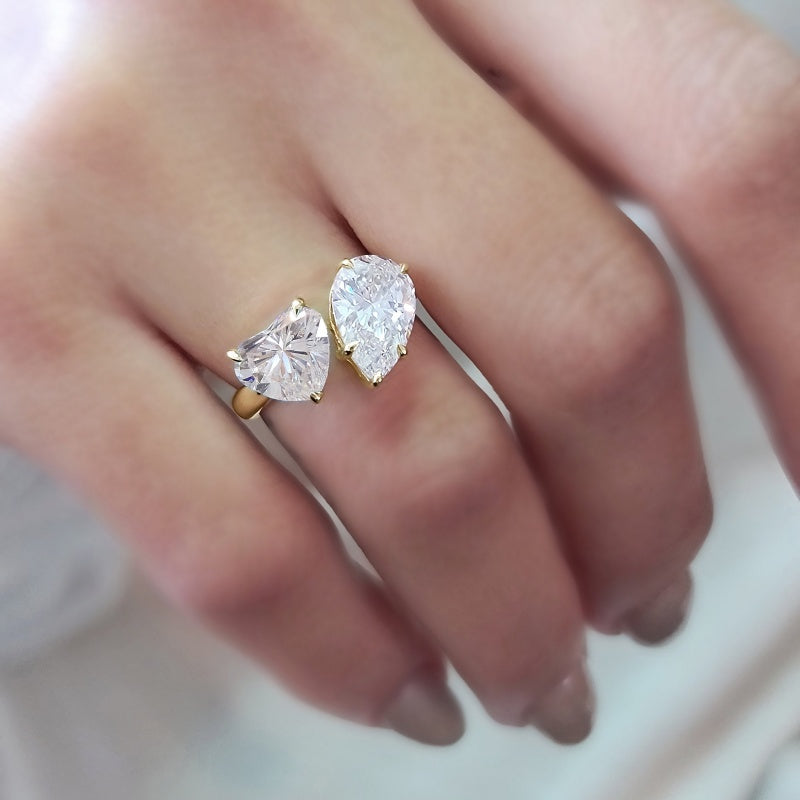 10K Gold Lab Grown Diamond CVD 4CT Pear & Heart-Cut Toi et Moi Engagement Ring